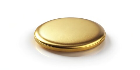 A small, round button with a smooth golden finish and a subtle sheen, resting on a flat surface, golden