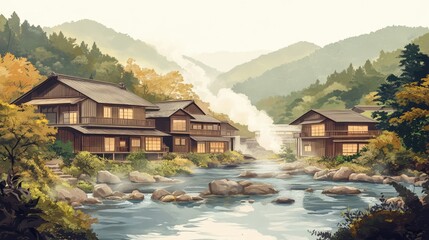 "Serenity in Steam: A Traditional Japanese Hot Spring Landscape"
