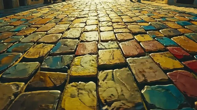 Colorful cobblestone street inviting exploration in a vibrant urban setting during golden hour light