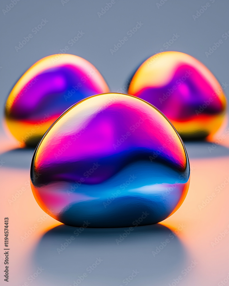 Poster iridescent blobs reflecting light with colorful sheen and smooth surface