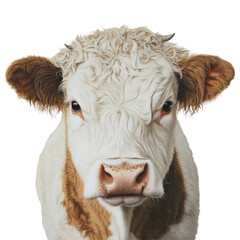 Portrait of a cow, isolated on a transparent background, farm animal, transparent png, white and brown cow
