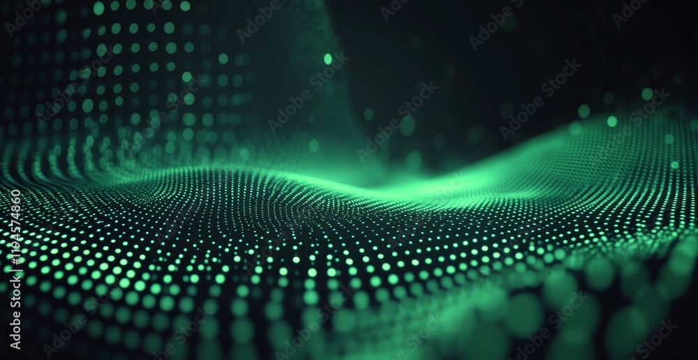 Poster Abstract green digital wave particle background.
