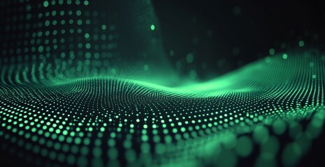 Abstract green digital wave particle background.