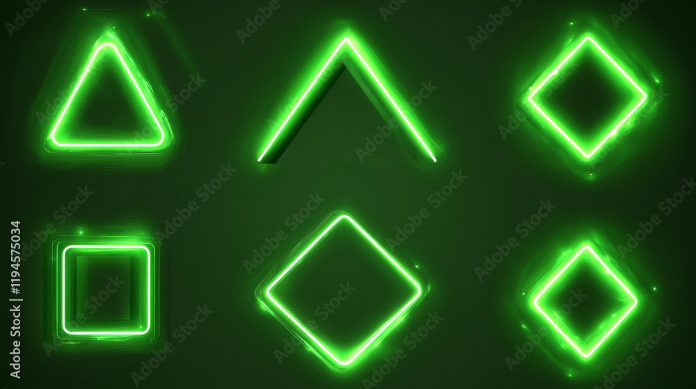 Poster green frames made of glowing neon lightning. realistic vector set of square, rhombus shape borders f