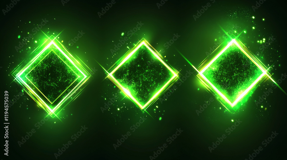 Poster green frames made of glowing neon lightning. realistic vector set of square, rhombus shape borders f