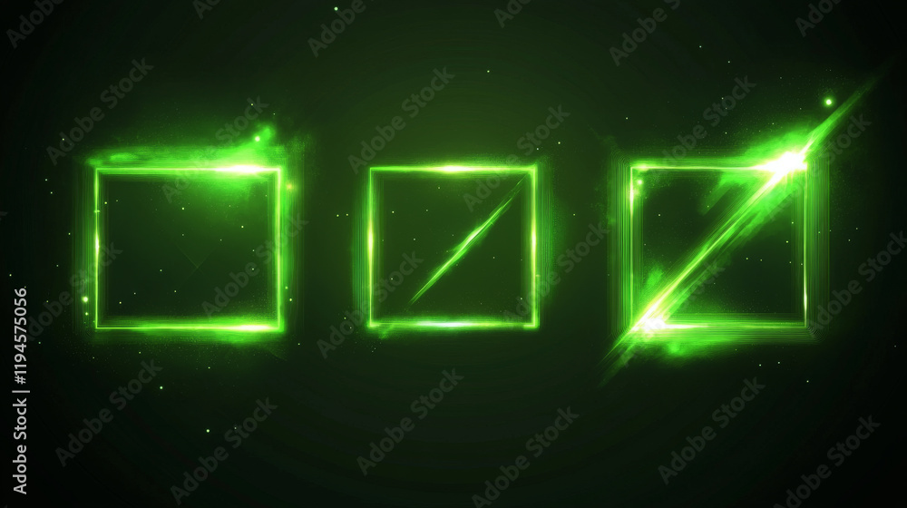 Poster green frames made of glowing neon lightning. realistic vector set of square, rhombus shape borders f