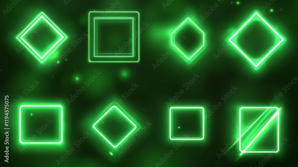 Poster green frames made of glowing neon lightning. realistic vector set of square, rhombus shape borders f