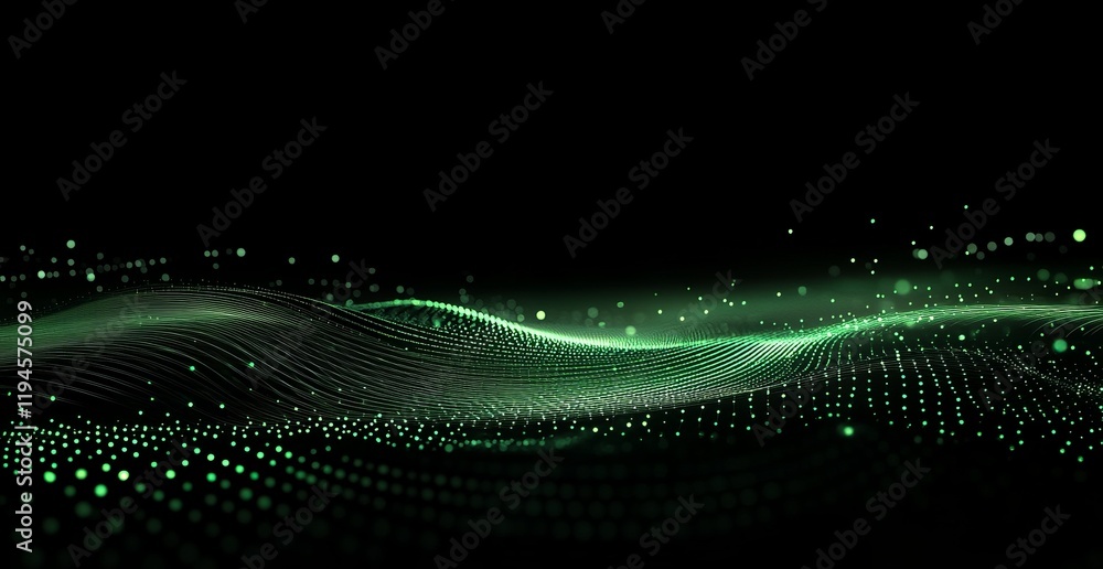 Poster abstract green wave particle flow on black background.