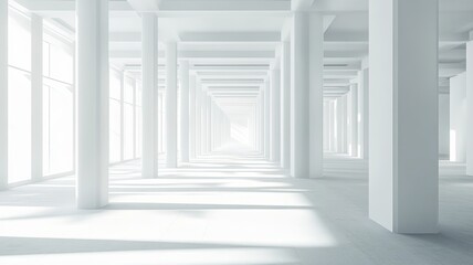 Fototapeta premium White hall, sunlit, columns, modern, architecture, design, background