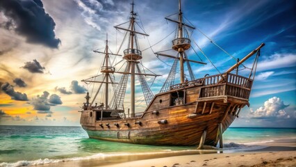 Obraz premium Old wooden ship with empty deck and stage background, sails worn out