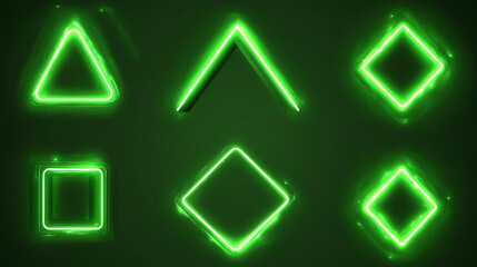 Green frames made of glowing neon lightning. Realistic vector set of square, rhombus shape borders from thunder bolts. Magic electric energy power framework on dark transparent background