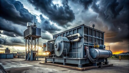 Large industrial generator stands tall amidst metal machinery on a rugged outdoor site with dark grey sky and few clouds , factory equipment, industrial equipment