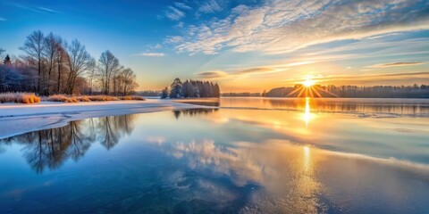 Fototapeta premium Frozen lake landscape at sunrise, serene scene, winter landscape