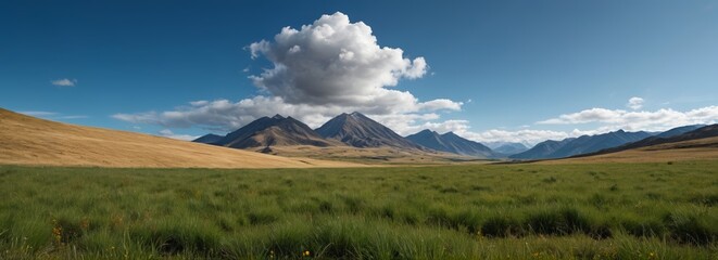 Fototapeta premium grassy field with mountains in the background and a cloud in the sky
