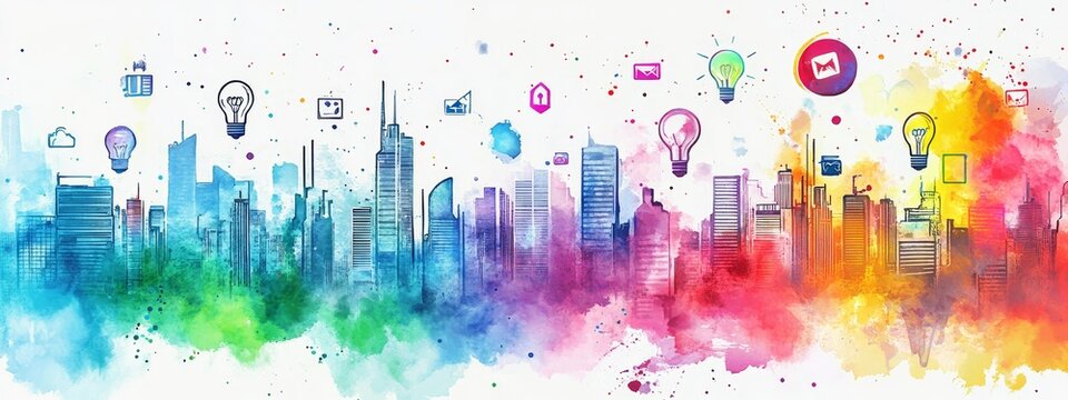 Colorful cityscape with innovative icons.
