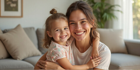 Obraz premium a joyful mother and her young daughter in a cozy, well lit home setting