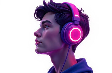 Fototapeta premium Headphones on a person's head, headphones glow with neon light, close-up.