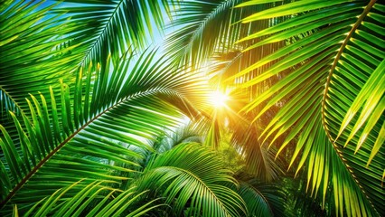 Summer sun shining through green palm tree leaves, warm sunlight filtering through palm fronds, lush greenery