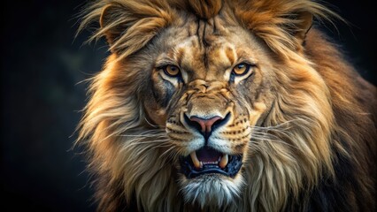 Naklejka premium Fierce lion's face with intense stare and sharp teeth bared in a fierce growl