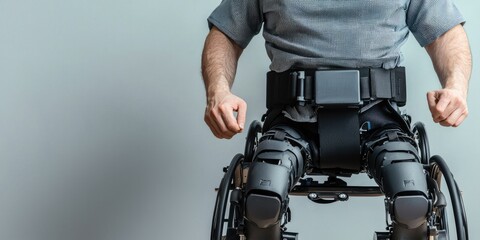 A person in a wheelchair wearing an exoskeleton, showcasing advancements in mobility technology and rehabilitation.