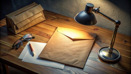 A private detective's workspace with an open envelope labeled confidential, papers scattered around, a desk lamp casting shadows, hinting at ongoing cases, , paperwork