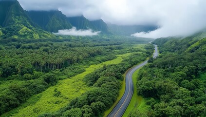 Fototapeta premium Scenic highway winding through lush green valley, misty mountains.