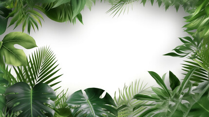 Tropical leaves bushes, monstera and palm leaves, transparent cutout 
tropical plants foliage bush copy space for text, jungle plant leaves isolated on a white background, monster leaf
