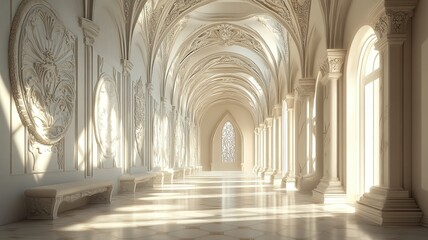Fototapeta premium Sunlit Palace Corridor, Elegant Architecture, Interior Design