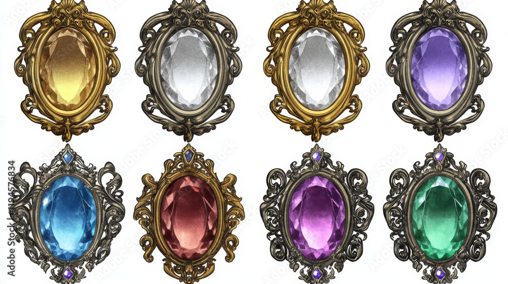 Poster empty gold and silver frames in medieval style for rpg game ui design. vector cartoon set of ancient