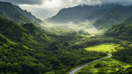 Fototapeta premium Scenic winding road through lush green valley and mountains.