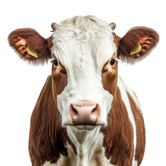 Portrait of a cow, isolated on a transparent background, farm animal, transparent png, white and brown cow