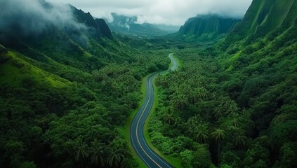 Scenic winding road through lush green valley.