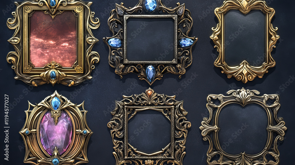 Poster empty gold and silver frames in medieval style for rpg game ui design. vector cartoon set of ancient