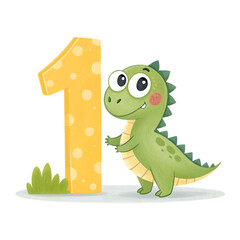 1 number with dinosaur cartoon style