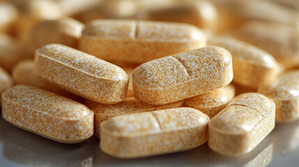 Close-up of yellow dietary supplements on a reflective surface showcasing texture and shape for health-related concepts and wellness promotion