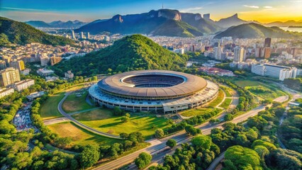 Panoramic aerial view of iconic stadium amidst lush greenery and tropical landscape in Rio De Janeiro Brazil, panoramic, Rio de Janeiro cityscape
