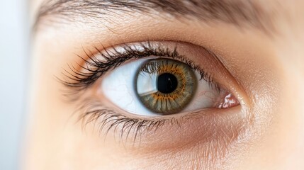 Fototapeta premium A close-up view of a human eye showcasing vibrant colors and intricate details in the iris and eyelashes.