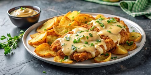 Crispy potato chips scattered around a delicious plate of parmesan chicken with melted cheese and savory sauce , Italian dish, snack time