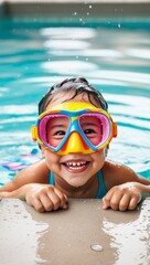 Naklejka premium A smiling girl in colorful snorkeling gear playing in a swimming pool. Summer fun, childhood, family travel, and vacation concept