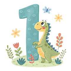 1 number with dinosaur cartoon style