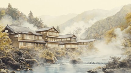 "Serenity in Steam: A Traditional Japanese Hot Spring Landscape"