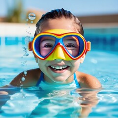 Naklejka premium A smiling girl in colorful snorkeling gear playing in a swimming pool. Summer fun, childhood, family travel, and vacation concept