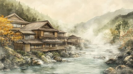 "Serenity in Steam: A Traditional Japanese Hot Spring Landscape"