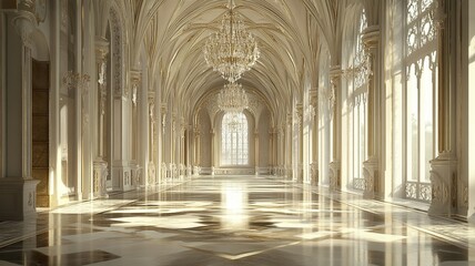 Fototapeta premium Sunlit Palace Hallway, Marble Floor, Gothic Windows, Interior Design