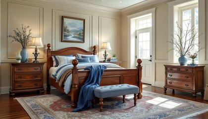 Serene Master Bedroom: Classic Wooden Furniture and Elegant Decor