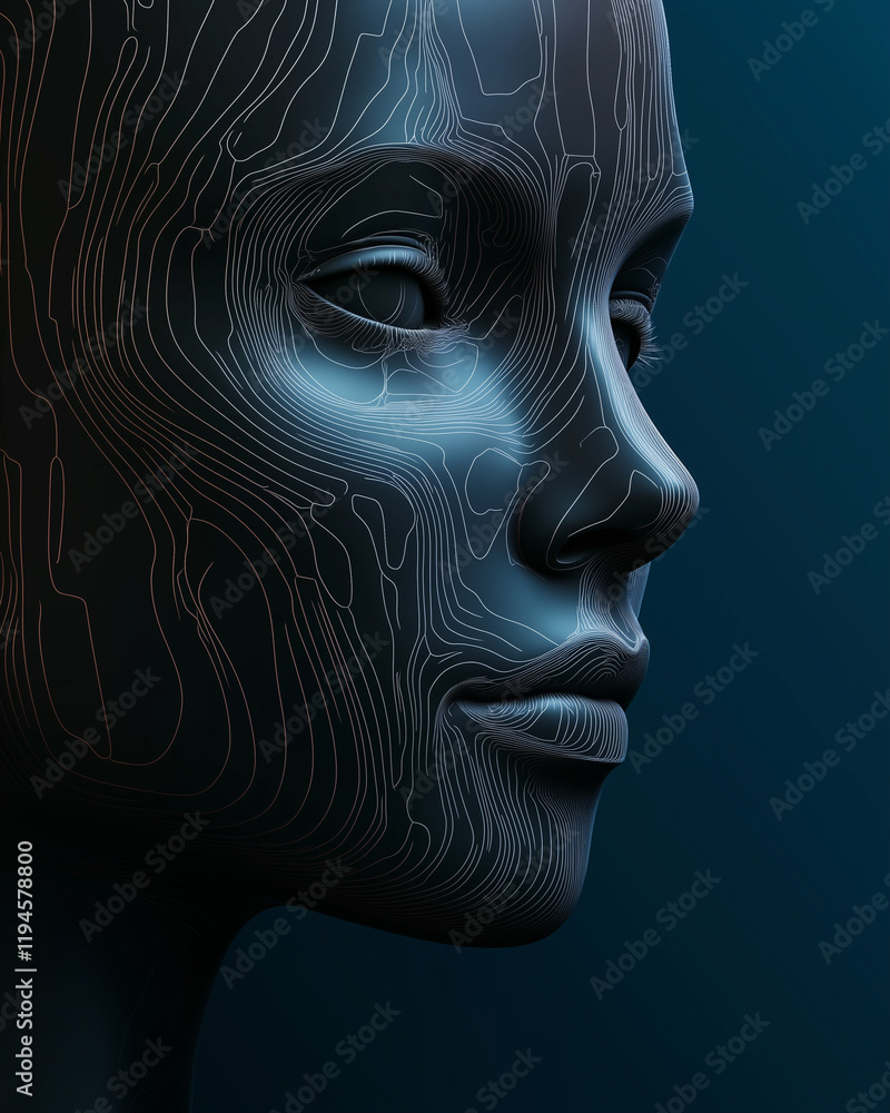 Poster digital face with intricate lines against a dark background in modern style