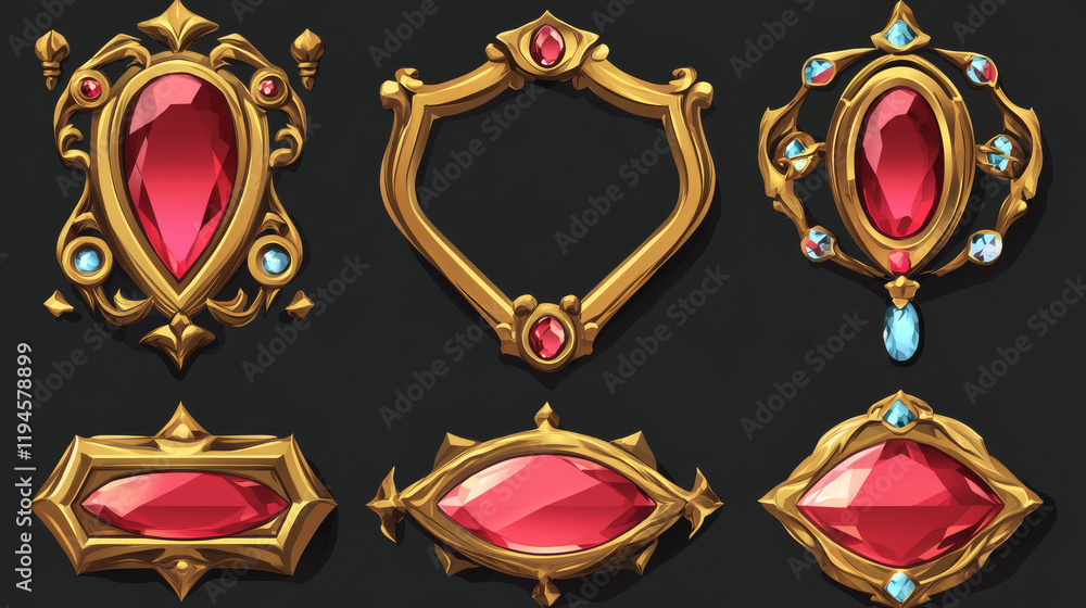 Poster golden vintage game frames, ui medieval square borders of gold metal with gems and red buttons. cart