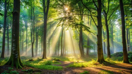 Fototapeta premium Forest mist rises slowly from forest floor as morning sun casts dappled shadows through leafy canopy, mist