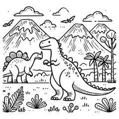 line art dinosaur, mountains and trees coloring page vector simple