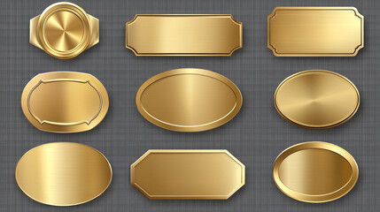 Gold or brass plates, golden name plaques empty mockup. Metal identification tags or badges, round, oval and rectangular frame for nameplate isolated on transparent background, realistic 3d vector set